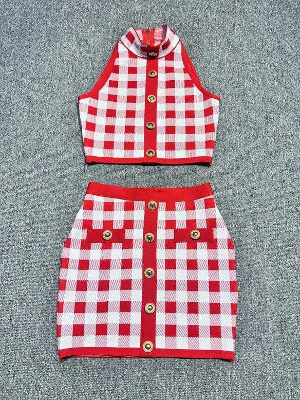 Abigail Sleeveless Gingham Print Button Embellished Mini skirt set